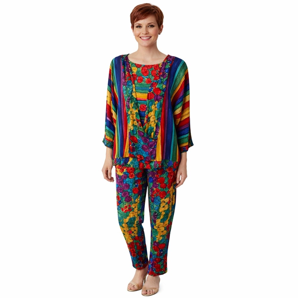 Vintage 80s Peter Popovitch Art To Wear Striped Boho Floral Pant Top Size Medium